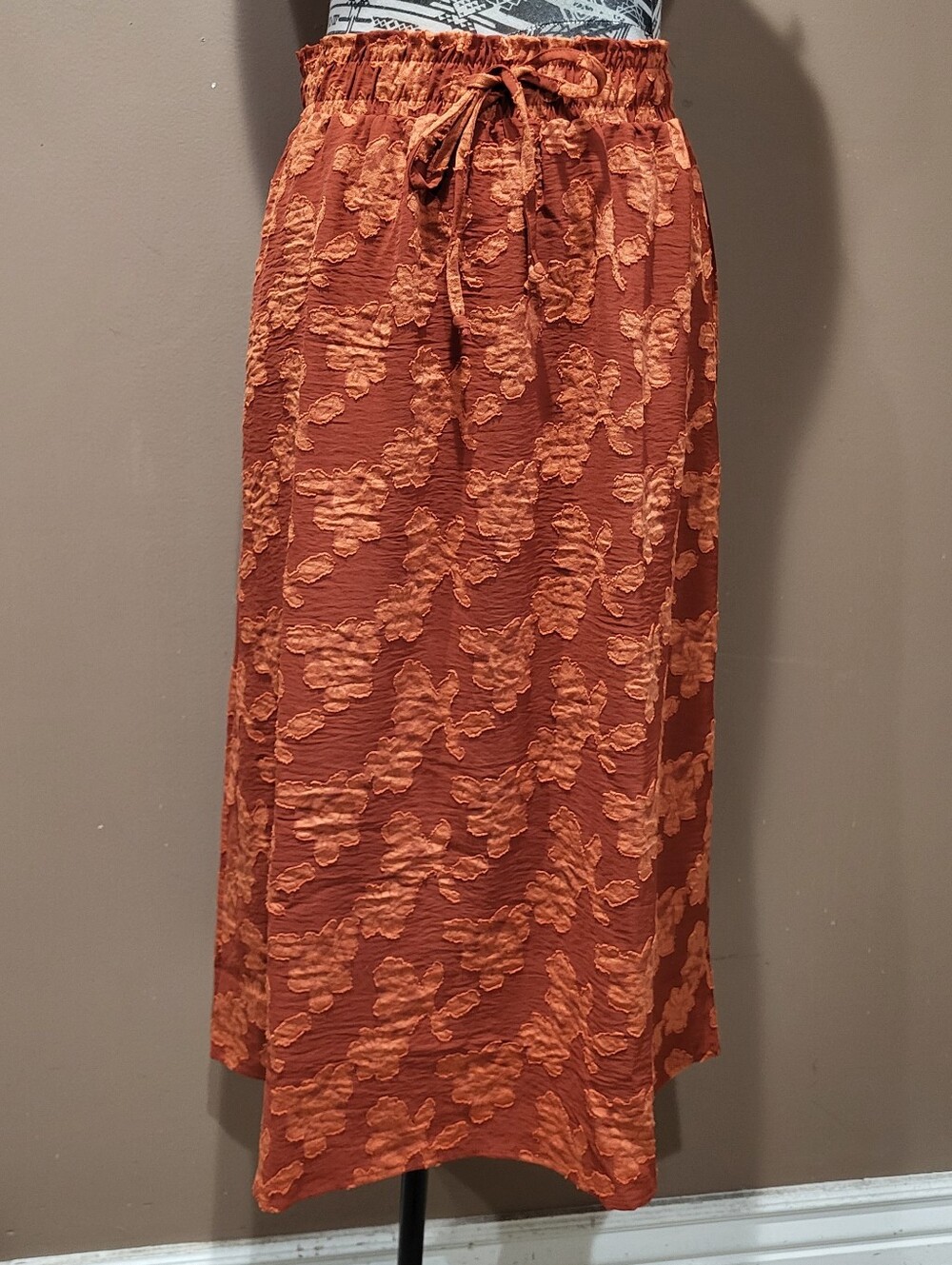 Messini Rust Textured Floral Midi Skirt with Drawstring Waist